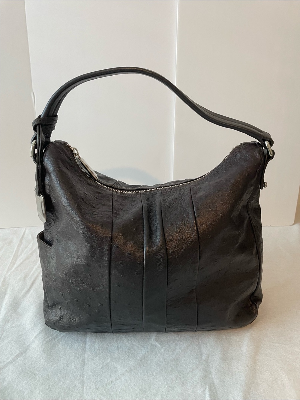 Furla Black Hobo Shoulder Bag Zip Closure Silver Hardware Inner Pockets Charm